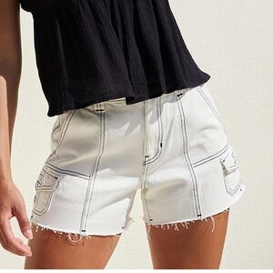 PacSun High-Rise Cutoff Cargo Shorts White denim shorts exposed black seams S